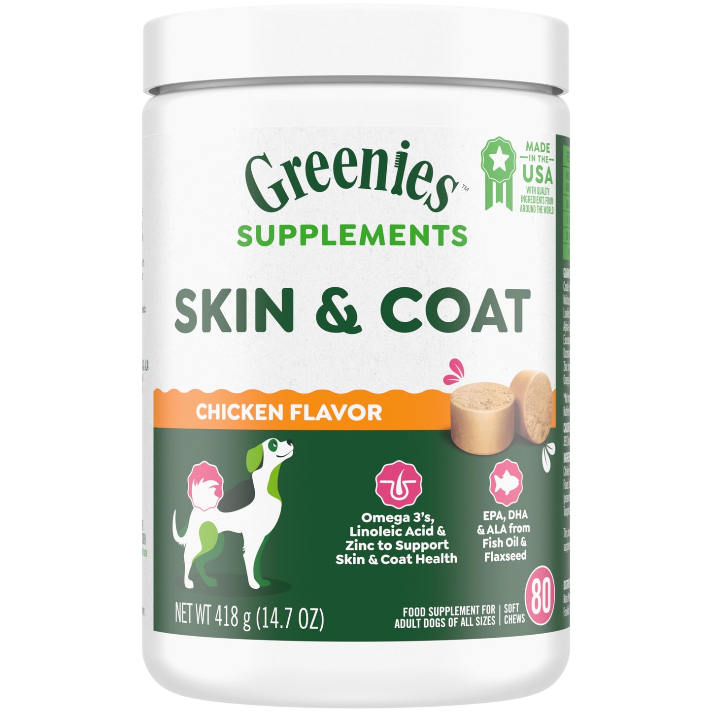 Greenies Supplements Dog Skin and Coat Supplements with Fish Oil & Omega 3 Fatty Acids Chicken Flavor 14.7 oz. 80-Count Soft Chews