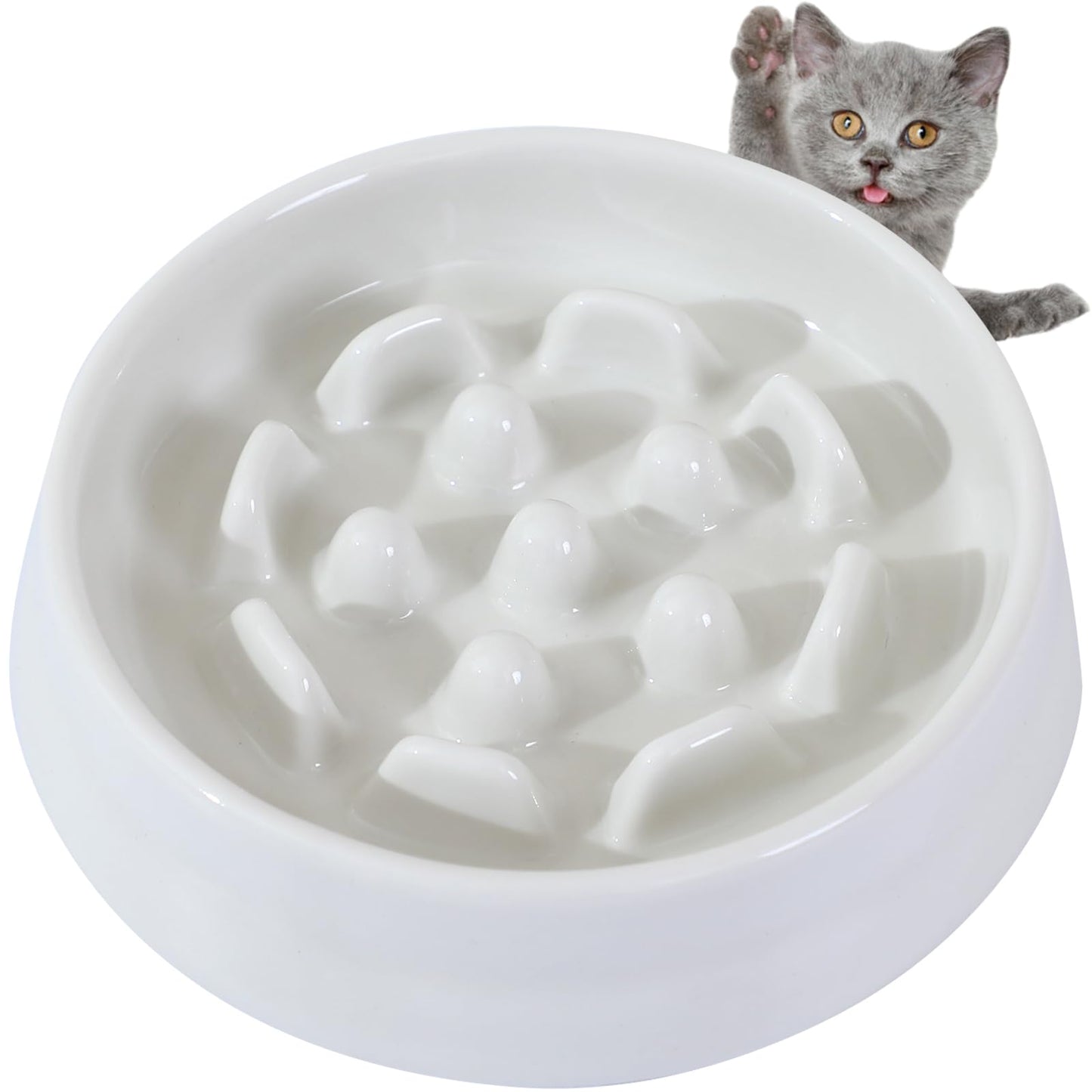White ceramic cat bowl with mushroom design on a white background, featuring a gray cat.