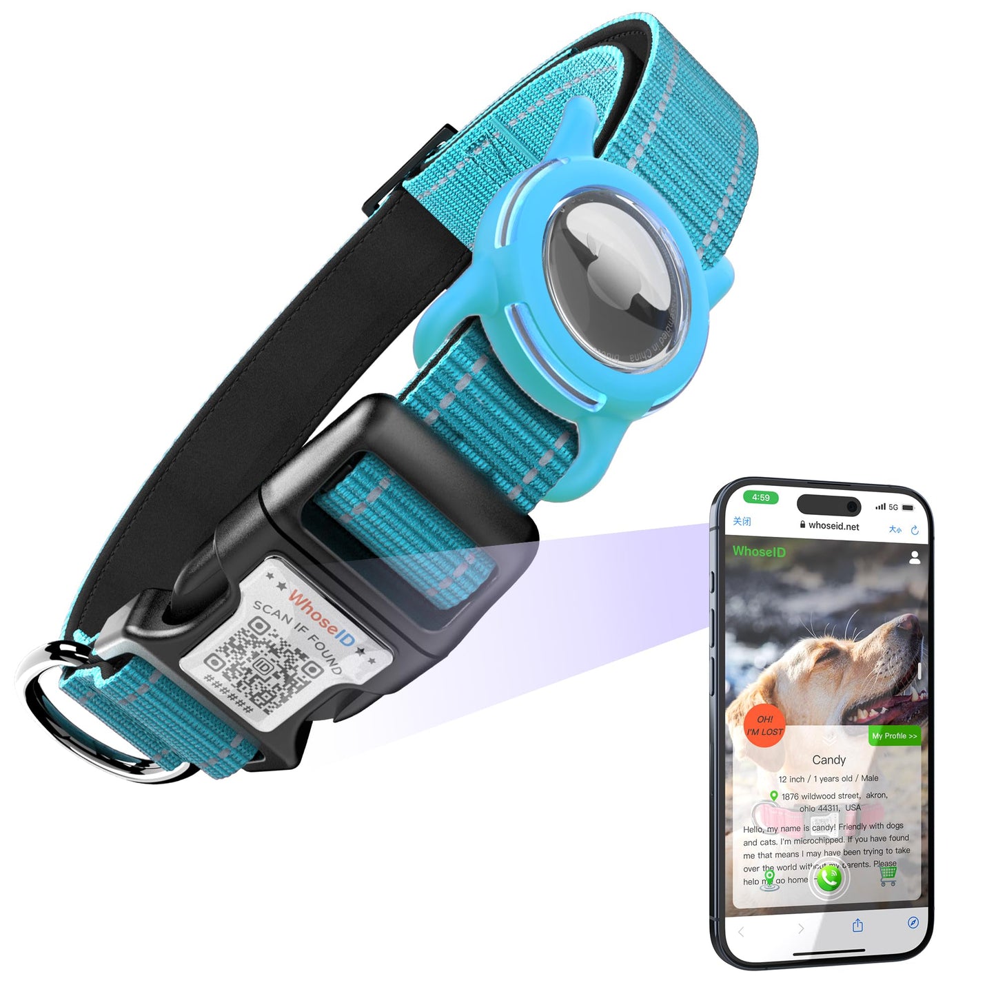 Airtag-Hundehalsband mit QR-Code, reflektierendes Hundehalsband mit Airtag-Halterung, weich gepolstert und mit Sicherheitsverschluss, verstellbares Hundehalsband für mittelgroße Hunde (M – mit Airtag-Halterung, Blau)