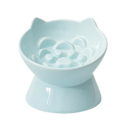 LE SERVETA Macarons Series Ceramic Slow Feeder Cat Bowl Raised Puzzle Feeder Anti Vomiting Cat Slow Feeder Elevated Food Bowl Whisker Friendly Cat Bowl with Cute Ear Design (Blue)