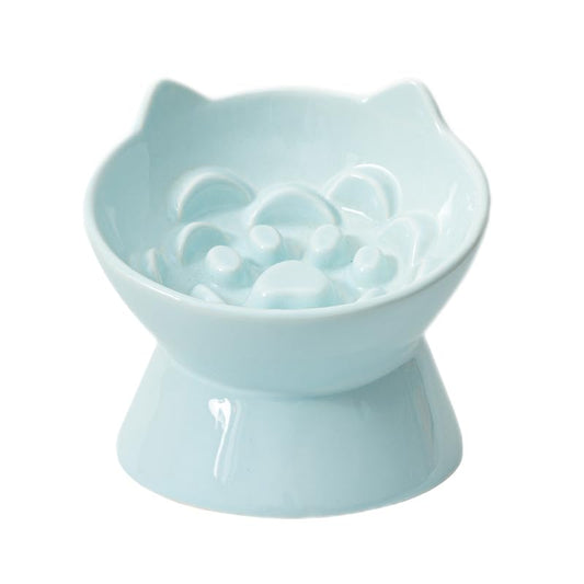 LE SERVETA Macarons Series Ceramic Slow Feeder Cat Bowl Raised Puzzle Feeder Anti Vomiting Cat Slow Feeder Elevated Food Bowl Whisker Friendly Cat Bowl with Cute Ear Design (Blue)