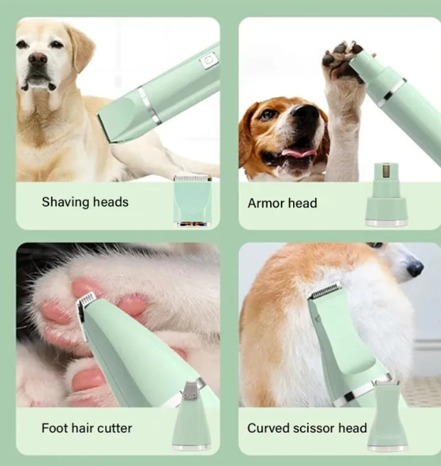 Pet grooming tool with different heads for various grooming tasks on a green background.
