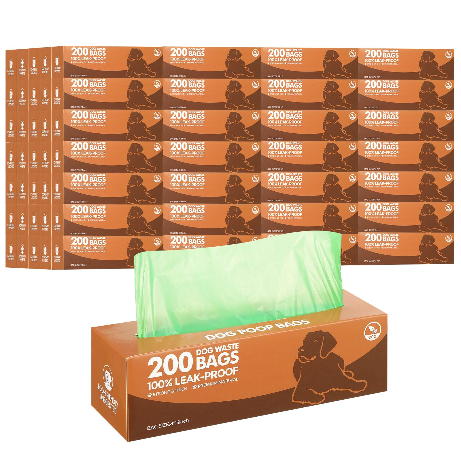Multiple boxes of dog waste bags with a green bag in front