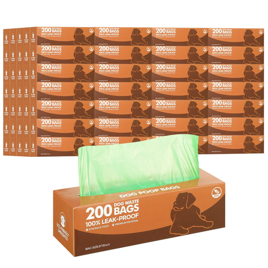 Multiple boxes of dog waste bags with a green bag in front
