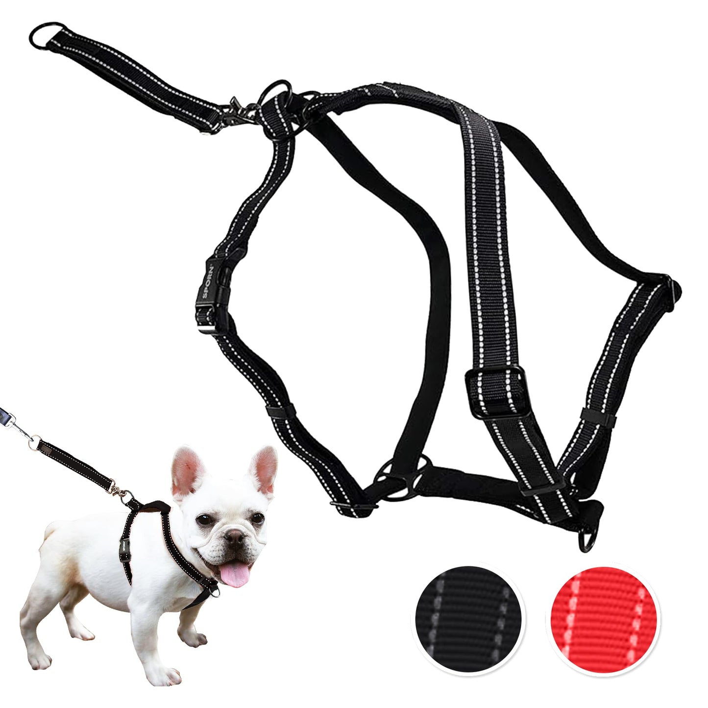 Sporn Ultimate Control Hundegeschirr für kleine Hunde, schwarzes Nylon-Hundegeschirr mit abnehmbarem Zubehörgriff & Leinenverlängerung, Anti-Zieh-Hundegeschirr für kleine Hunde