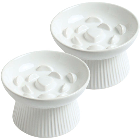LE SERVETA 2 Pack Ceramic Slow Feeder Cat Bowl Raised Puzzle Feeder Anti Vomiting Cat Slow Feeder Elevated Food Bowl Whisker Friendly Cat Bowl (White White)