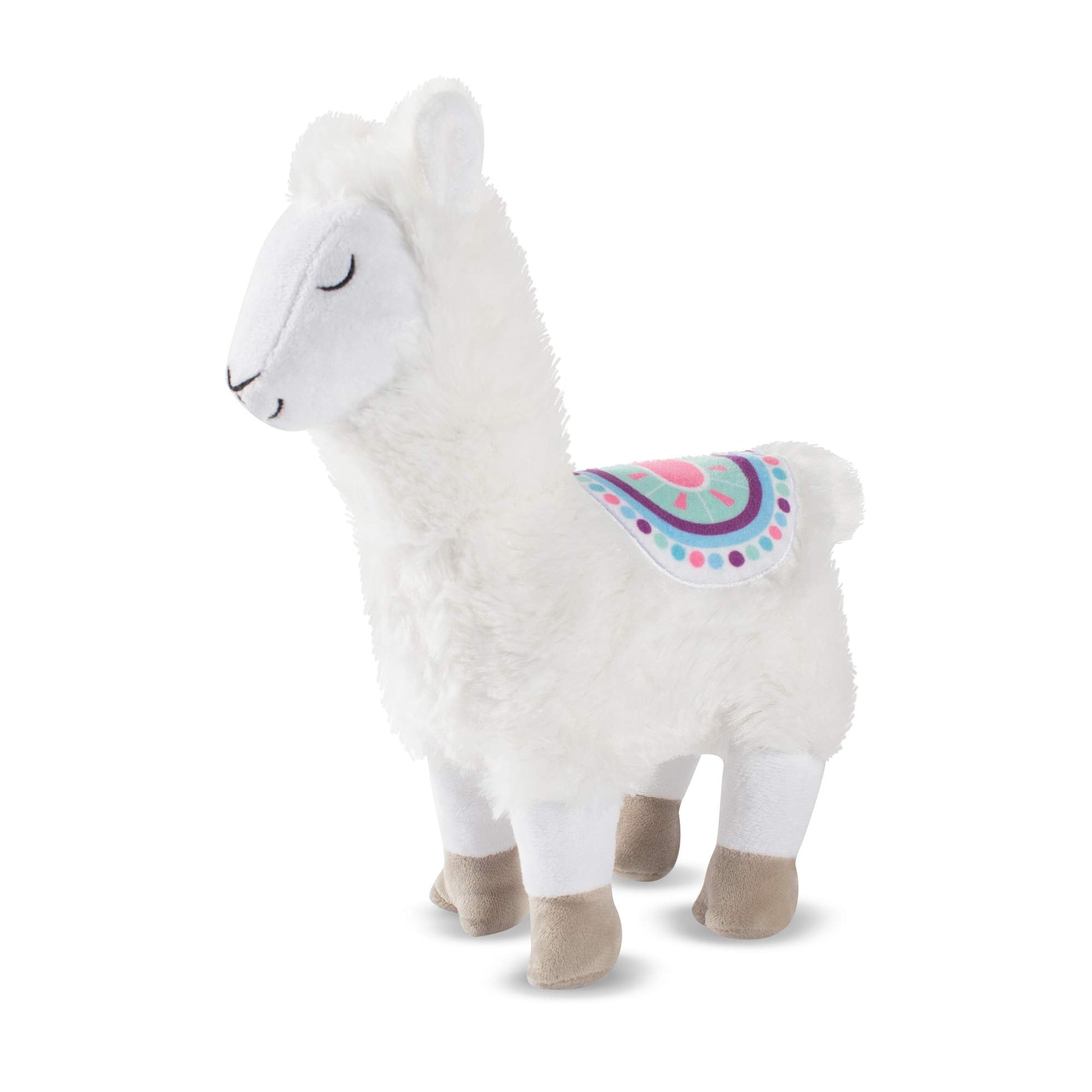White plush llama toy with a colorful saddle on a white background