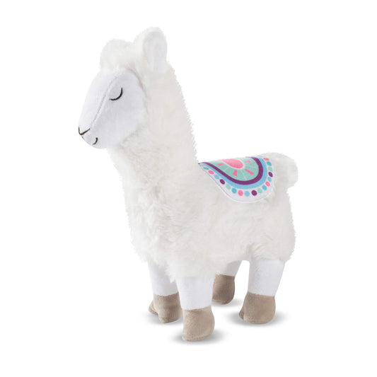 White plush llama toy with a colorful saddle on a white background