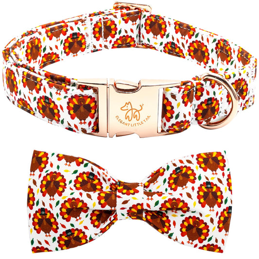 Elegant little tail Thanksgiving Dog Collar Turkey Print Pet Collar Dog Holiday Dog Collar with Bow Cute Winter Dog Collar Boy Girl Puppy Collar Bow Adjustable Dog Collar for Small Puppy