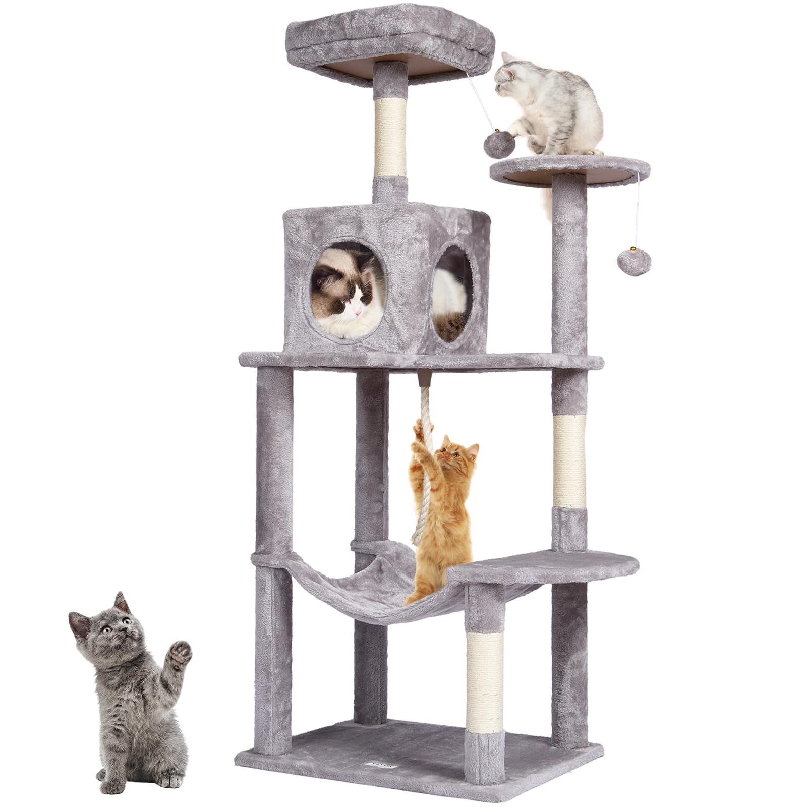 Cat tree with multiple levels and a cat on each level against a white background