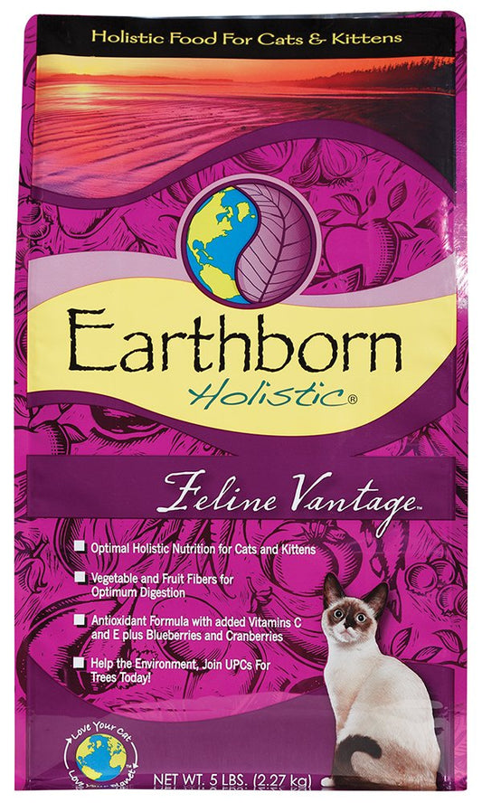 Earthborn Holistic Feline Vantage cat food package with a purple and pink design.