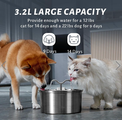 DOOOB Cat Water Fountain 3.2L/108OZ Stainless Steel Pet Water Dispenser Automatic Metal Dog Drinking Fountains Water Bowl with Replacement Filters Ultra-Quiet Pump
