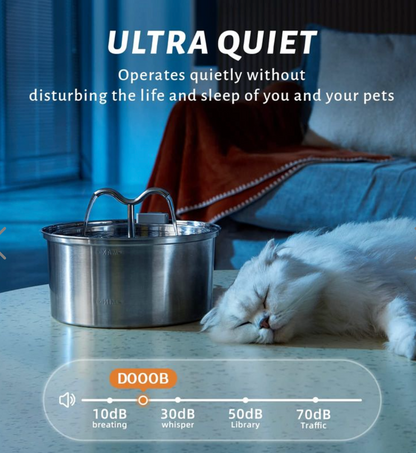 DOOOB Cat Water Fountain 3.2L/108OZ Stainless Steel Pet Water Dispenser Automatic Metal Dog Drinking Fountains Water Bowl with Replacement Filters Ultra-Quiet Pump