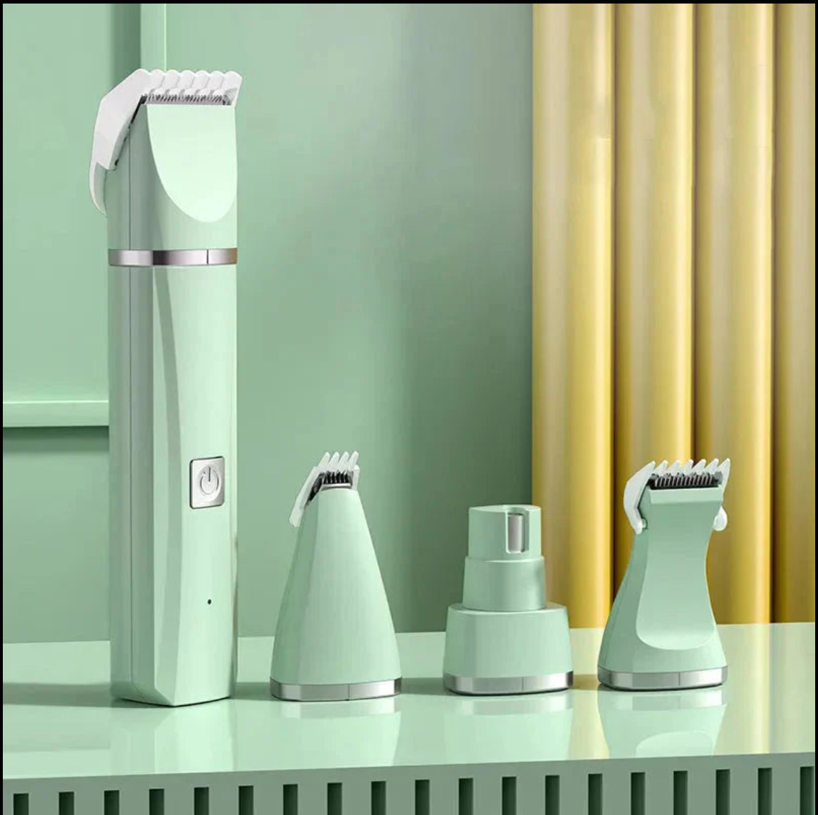 Set of grooming tools on a reflective surface with a light green wall and yellow curtain in the background.