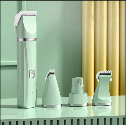 Set of grooming tools on a reflective surface with a light green wall and yellow curtain in the background.