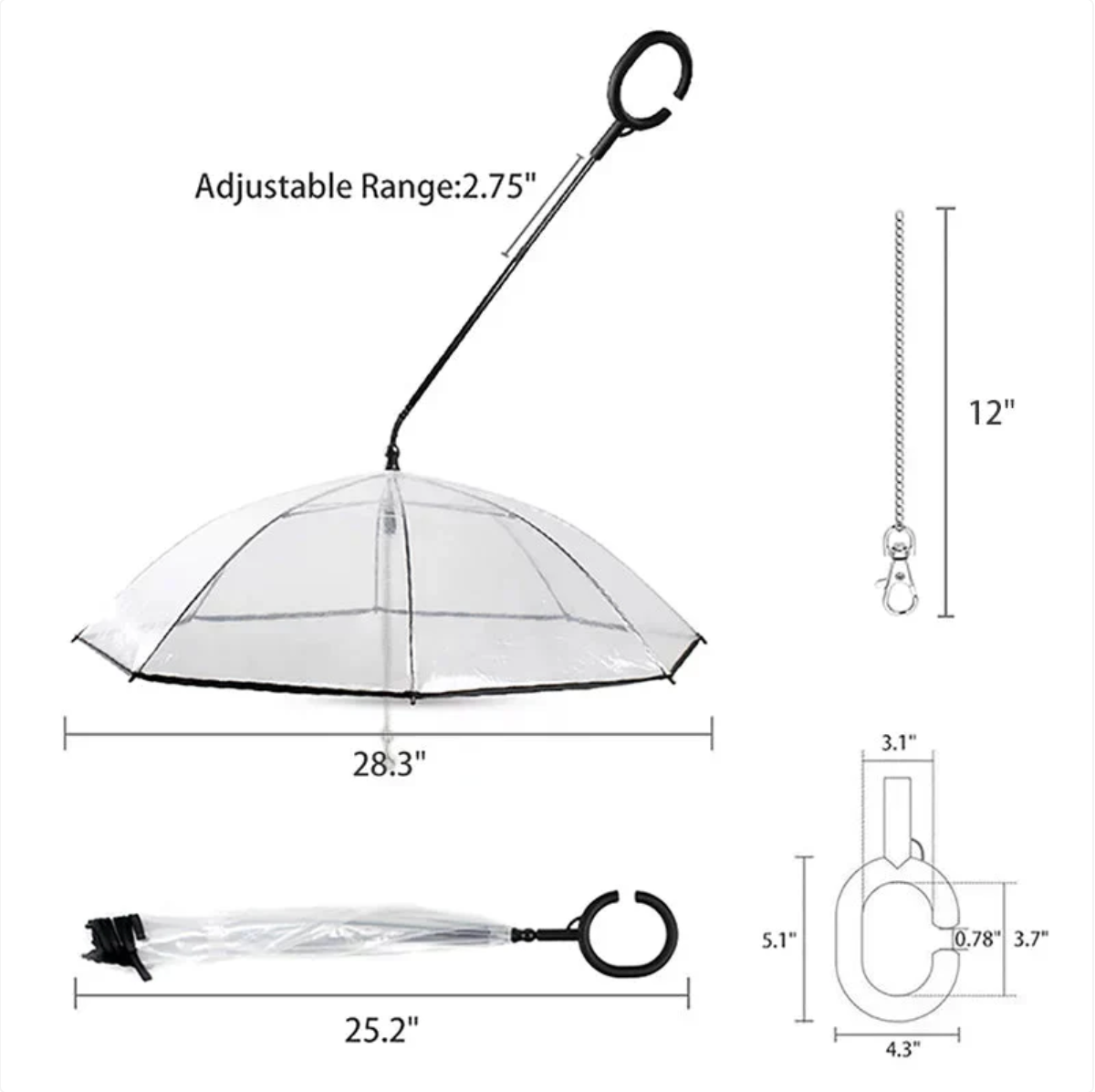 Measurement chart of an adjustable umbrella with dimensions labeled.