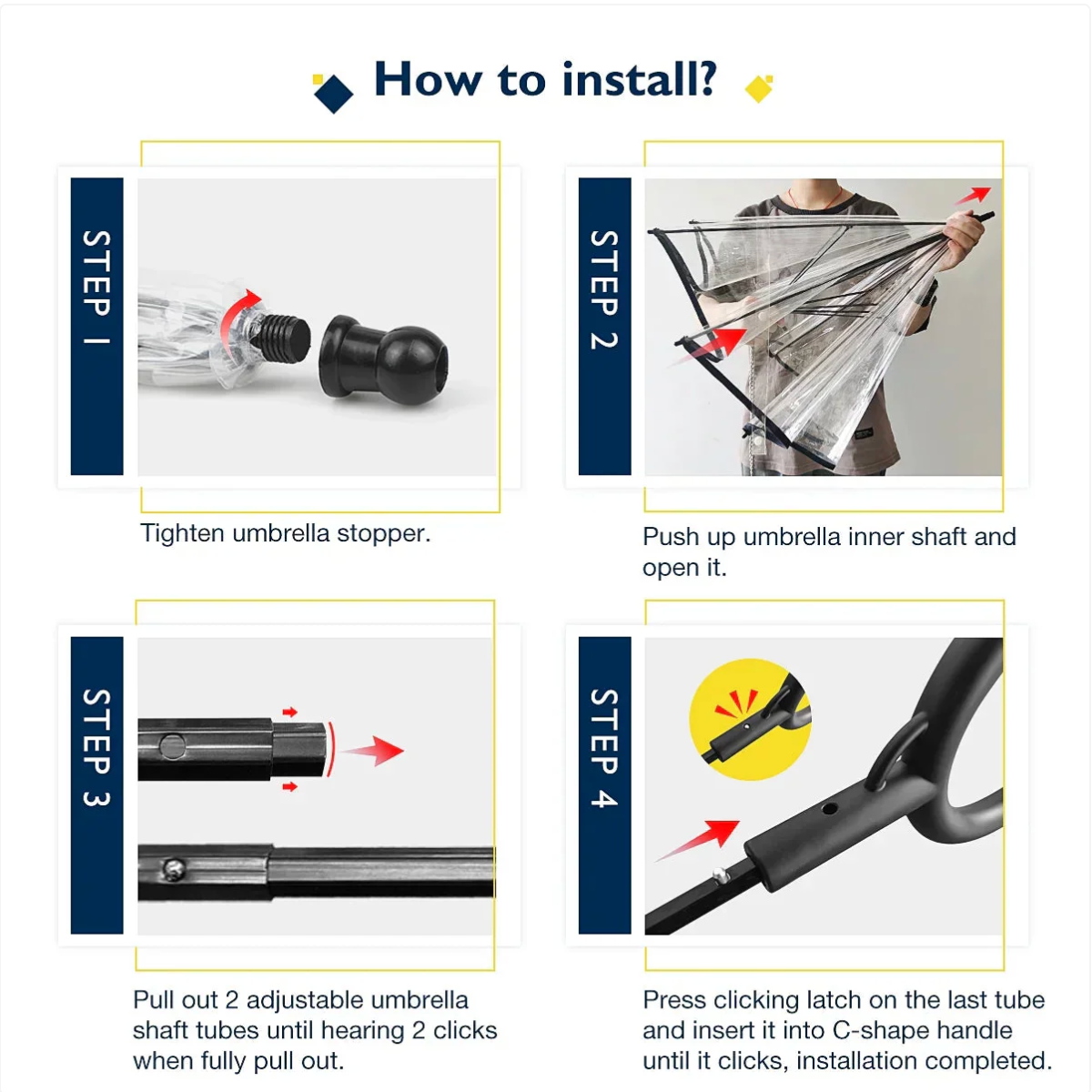 Step-by-step guide on how to install an umbrella with illustrations and text.