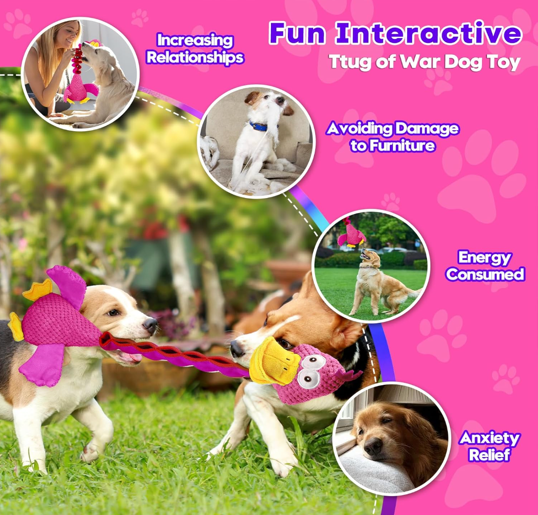 Dog playing with a tug-of-war toy on grass, surrounded by images and text about the product's benefits.