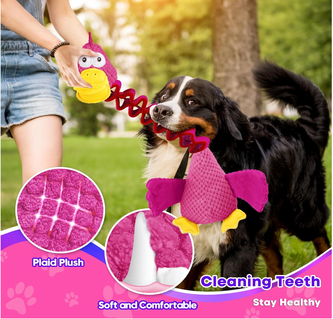 Dog playing with a pink and yellow toy, with close-ups of the plush material and text about the toy's benefits.