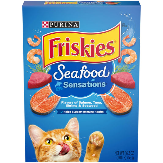 Box of Purina Friskies Seafood Sensations cat food with a cat on the front.