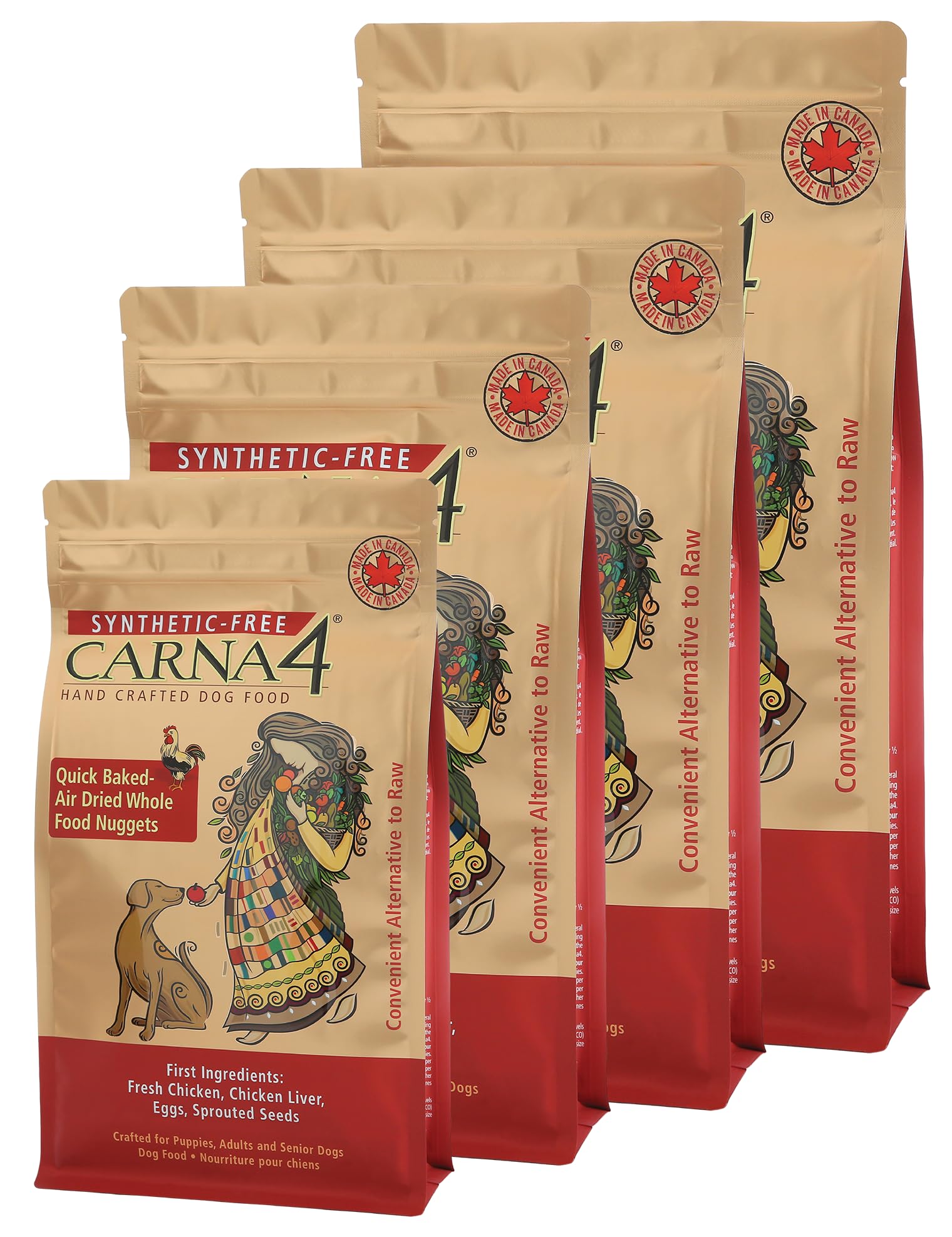 Five packages of Carna4 dog food with a red and beige design on a white background