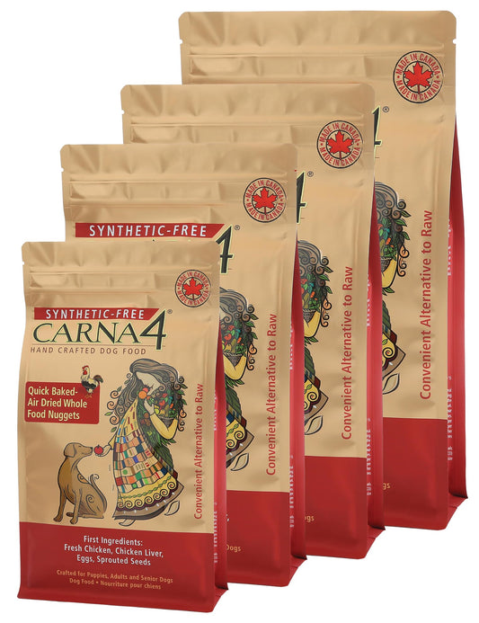 Five packages of Carna4 dog food with a red and beige design on a white background