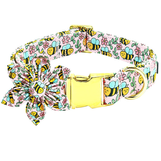Bobo Rainbow Dog Collar with Flower-Bee Dog Collar Adjustable Cute Pet Collar Soft Comfortable Dog Collar Pink Flower Dog Collar Spring Cotton Puppy Collar Metal Buckle Collar Gift for X-Small Dogs