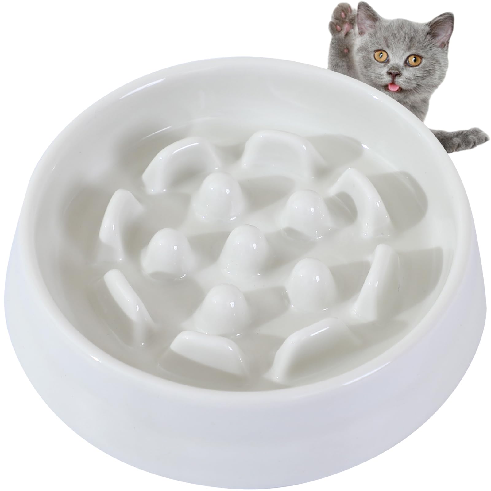 White ceramic cat bowl with mushroom design on a white background, featuring a gray cat.