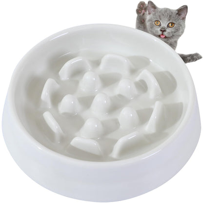 White ceramic cat bowl with mushroom design on a white background, featuring a gray cat.