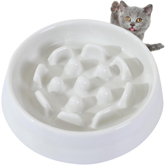 White ceramic cat bowl with mushroom design on a white background, featuring a gray cat.