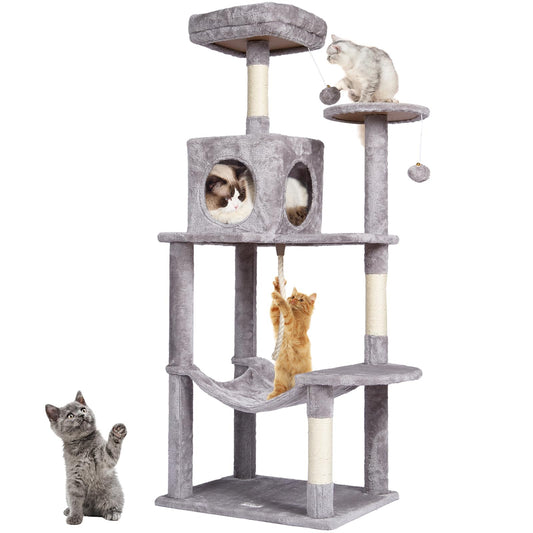 Cat tree with multiple levels and a cat on each level against a white background