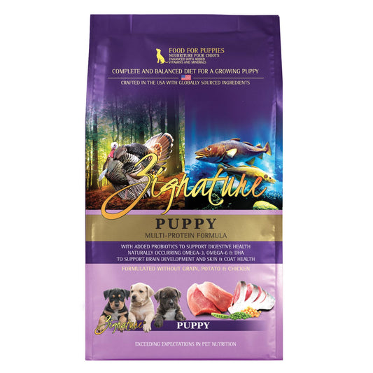 Dog food package with images of puppies, fish, and other elements on a purple background